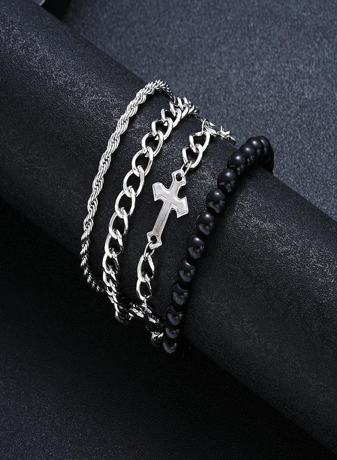 MarveBard 4 PCS Stainless Steel Cross Bracelets for Men Women Stainless Steel Cuban Link Bracelet Handmade Bead Link Punk Style Stackable Layered Cross Chain Bracelet Set Adjustable Punk Jewelry for Men (Silver) - Image 3